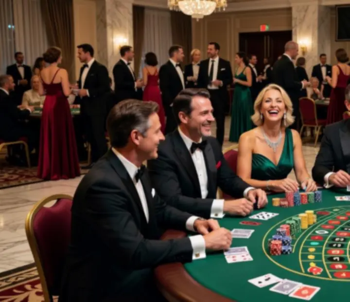 Ukázka fotogalerie z kasinového eventu s pokerovými a ruletovými stoly.