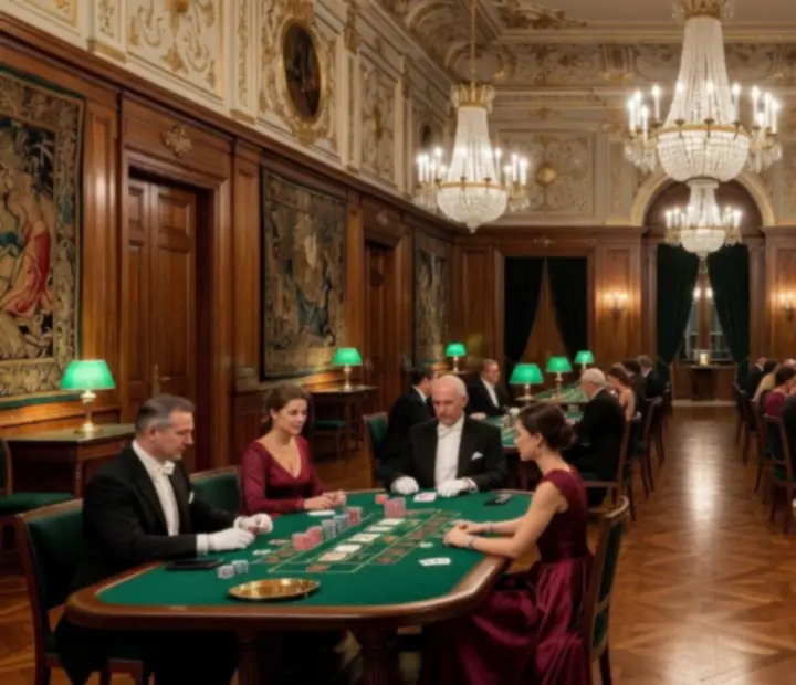 Kasinový večer v historické vile se stolky pro poker a rulety.