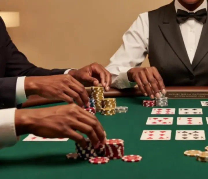 Hosté u designového pokerového stolu během zábavného turnaje