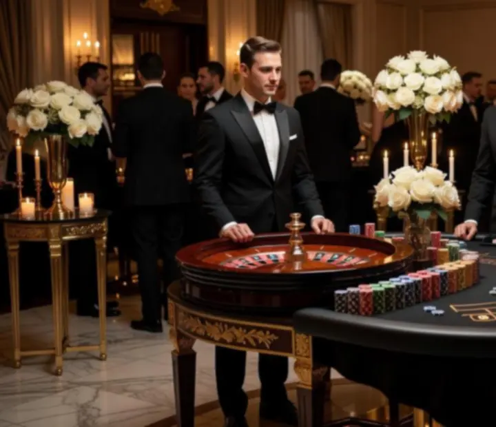 Elegantní kasinová atmosféra s nasvícenými stoly a hosty u pokeru a rulety.
